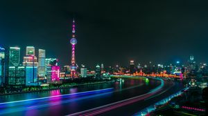 Preview wallpaper city, river, night, panorama, city lights, long exposure