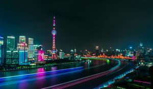 Preview wallpaper city, river, night, panorama, city lights, long exposure