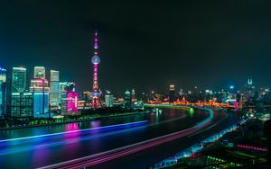 Preview wallpaper city, river, night, panorama, city lights, long exposure