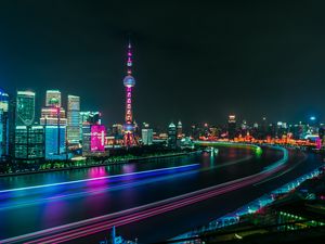 Preview wallpaper city, river, night, panorama, city lights, long exposure