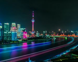 Preview wallpaper city, river, night, panorama, city lights, long exposure