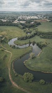 Preview wallpaper city, river, winding, trees, horizon