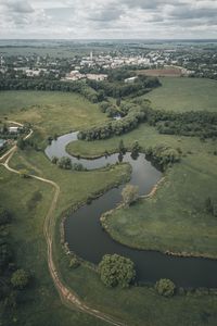 Preview wallpaper city, river, winding, trees, horizon