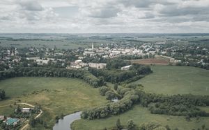 Preview wallpaper city, river, winding, trees, horizon