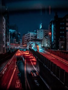 Preview wallpaper city, road, buildings, aerial view, night