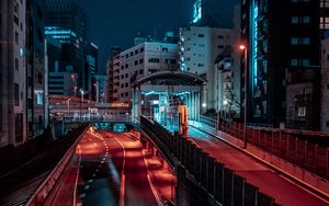 Preview wallpaper city, road, buildings, aerial view, night