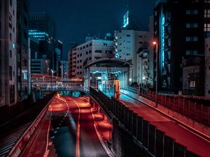 Preview wallpaper city, road, buildings, aerial view, night
