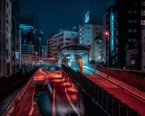 Preview wallpaper city, road, buildings, aerial view, night