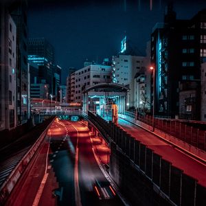 Preview wallpaper city, road, buildings, aerial view, night