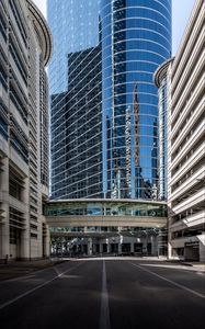Preview wallpaper city, road, buildings, modern, reflection