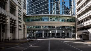 Preview wallpaper city, road, buildings, modern, reflection