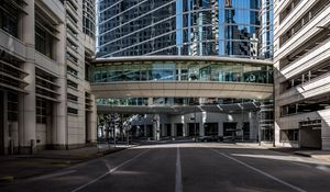 Preview wallpaper city, road, buildings, modern, reflection