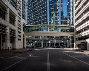 Preview wallpaper city, road, buildings, modern, reflection