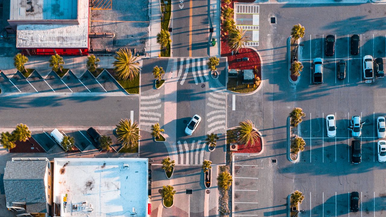 Wallpaper city, road, buildings, palm, aerial view