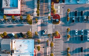 Preview wallpaper city, road, buildings, palm, aerial view