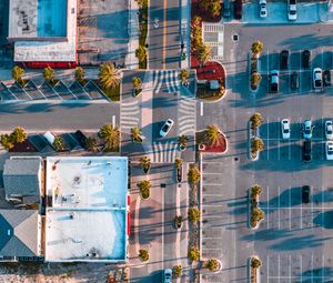 Preview wallpaper city, road, buildings, palm, aerial view