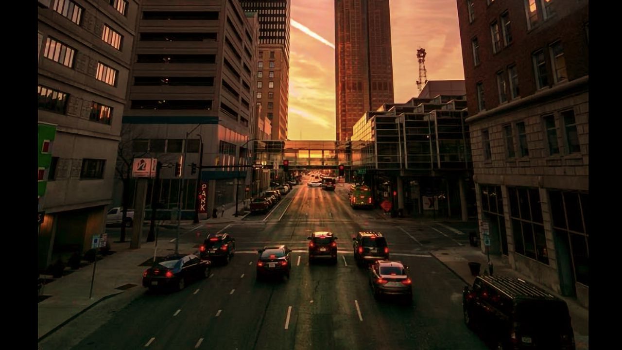 Wallpaper city, road, buildings, cars, dusk