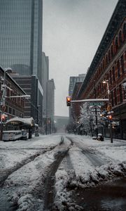 Preview wallpaper city, road, buildings, snow, winter, bottom view