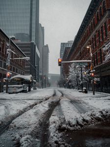 Preview wallpaper city, road, buildings, snow, winter, bottom view