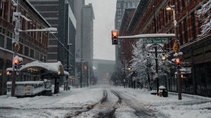 Preview wallpaper city, road, buildings, snow, winter, bottom view