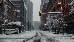 Preview wallpaper city, road, buildings, snow, winter, bottom view