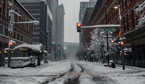 Preview wallpaper city, road, buildings, snow, winter, bottom view