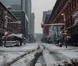 Preview wallpaper city, road, buildings, snow, winter, bottom view