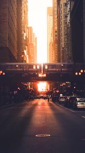 Preview wallpaper city, road, buildings, train, street, sunset