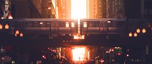 Preview wallpaper city, road, buildings, train, street, sunset