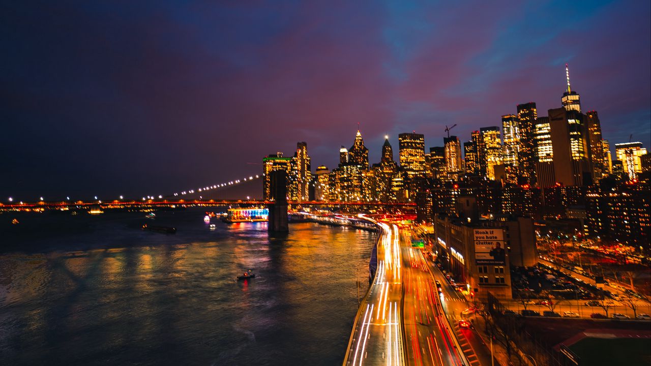 Wallpaper city, road, buildings, lights, twilight