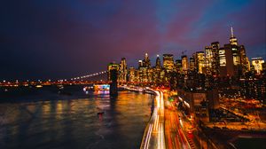 Preview wallpaper city, road, buildings, lights, twilight