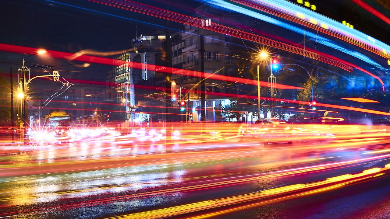 Wallpaper city, road, light, stripes, long exposure