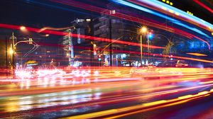 Preview wallpaper city, road, light, stripes, long exposure