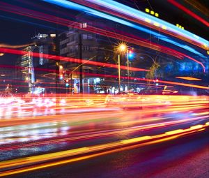 Preview wallpaper city, road, light, stripes, long exposure