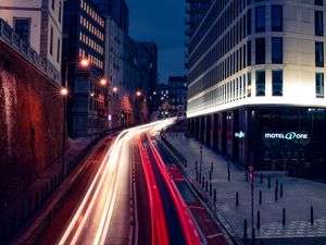 Preview wallpaper city, road, lights, long exposure, motion