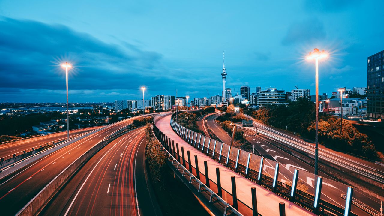 Wallpaper city, road, lights, long exposure, buildings, dusk