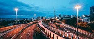 Preview wallpaper city, road, lights, long exposure, buildings, dusk