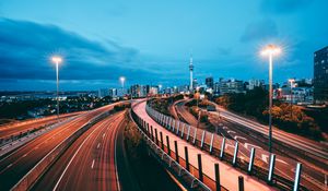 Preview wallpaper city, road, lights, long exposure, buildings, dusk