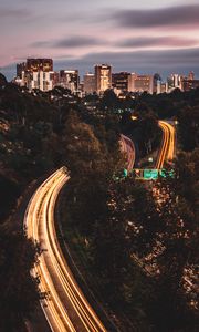 Preview wallpaper city, road, long exposure, lines, glow, trees