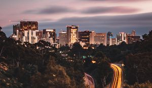 Preview wallpaper city, road, long exposure, lines, glow, trees