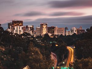 Preview wallpaper city, road, long exposure, lines, glow, trees