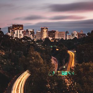 Preview wallpaper city, road, long exposure, lines, glow, trees