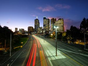 Preview wallpaper city, road, neon, evening