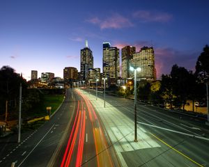 Preview wallpaper city, road, neon, evening