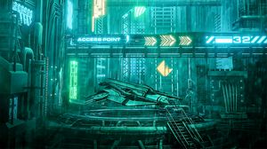 Download wallpaper 1366x768 city, car, bridge, futurism, cyberpunk, sci-fi  tablet, laptop hd background