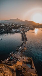 Preview wallpaper city, sea, bridge, aerial view, sunset