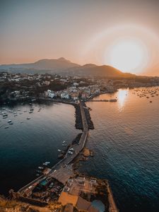 Preview wallpaper city, sea, bridge, aerial view, sunset