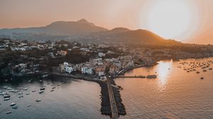 Preview wallpaper city, sea, bridge, aerial view, sunset
