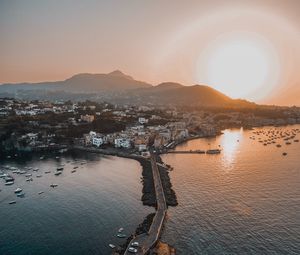 Preview wallpaper city, sea, bridge, aerial view, sunset