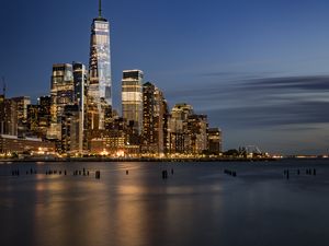 Preview wallpaper city, sea, coast, night, lights, reflection